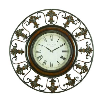 Ridge Road Dcor 38 Wrought Iron Fleur De Lis Round Wall Clock In Mahogany Brown