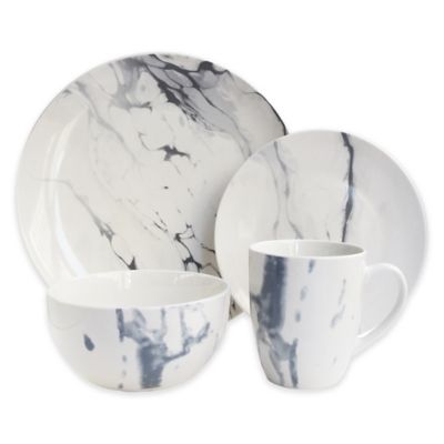 American Atelier Marble 16-Piece Dinnerware Set In White/blue