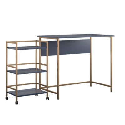Ameriwood Home Basso Desk With Rolling Cart In Navy/gold