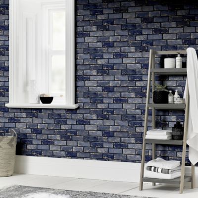 Arthouse Metallic Brick Peel And Stick Wallpaper In Navy
