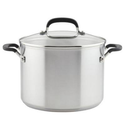 Kitchenaid 8-Quart Stainless Steel Stockpot With Lid In Brushed Stainless Steel Silver/black