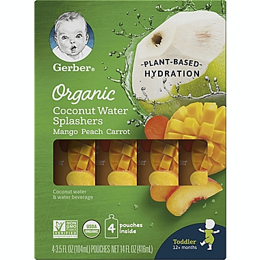 Gerber&reg; Organic 4-Pack 3.5 fl. oz. Mango Peach Carrot Coconut Water Splashers. View a larger version of this product image.