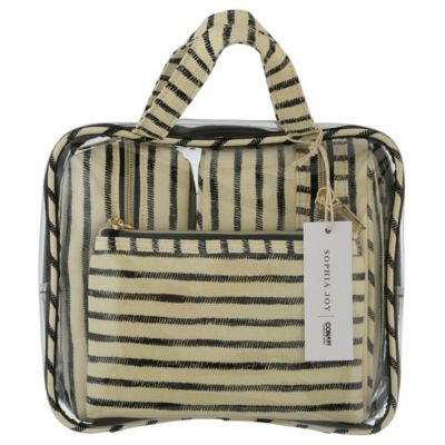 Sophia Joy 4-Piece Multi-Use Organizer Bag Set for Makeup, Toiletries, and Accessories. Includes Striped Canvas Flat Zipper Pouch, Train Case, Elongated Brush Bag, and Clear Tote with Matching Handles