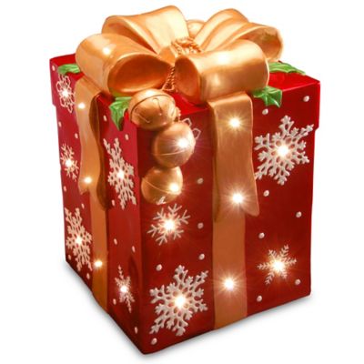 21-Inch Gift Box Decoration with Bow and White LED Lights