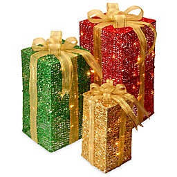 3-Piece Sisal Gift Box Decoration Set with Clear Lights