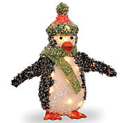 18-Inch Tinsel Penguin Decoration in Black with Clear Lights
