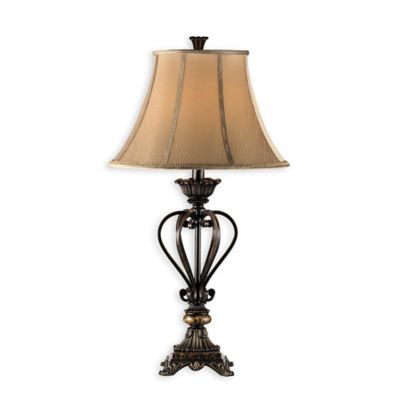Stein World Lyon Table Lamp in Bronze with Bell Shade in Oatmeal