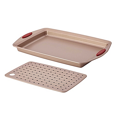 Rachael Ray 57113 Cucina Nonstick Bakeware Set with Grips 2 Piece Latte Brown with Cranberry Red Handle Grips Nonstick Cookie Sheet / Baking Sheet with Crisper Pan