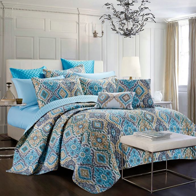 Bellina Reversible Quilt Set in Blue/Gold | Bed Bath and ...