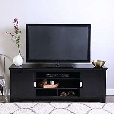 Forest Gate 70" Traditional Wood TV Stand With Sliding Doors in Black. View a larger version of this product image.