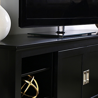 Forest Gate 70" Traditional Wood TV Stand With Sliding Doors in Black. View a larger version of this product image.