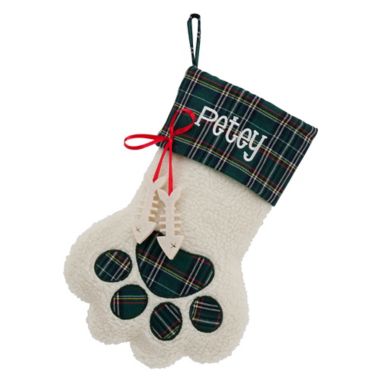 Puppy Paws 15-Inch Christmas Stocking with Fish Bone in Green. View a larger version of this product image.