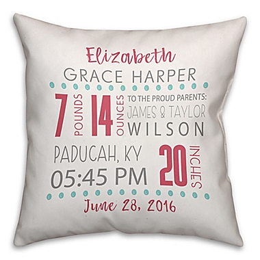 Birth Announcement Pillow in Pink. View a larger version of this product image.