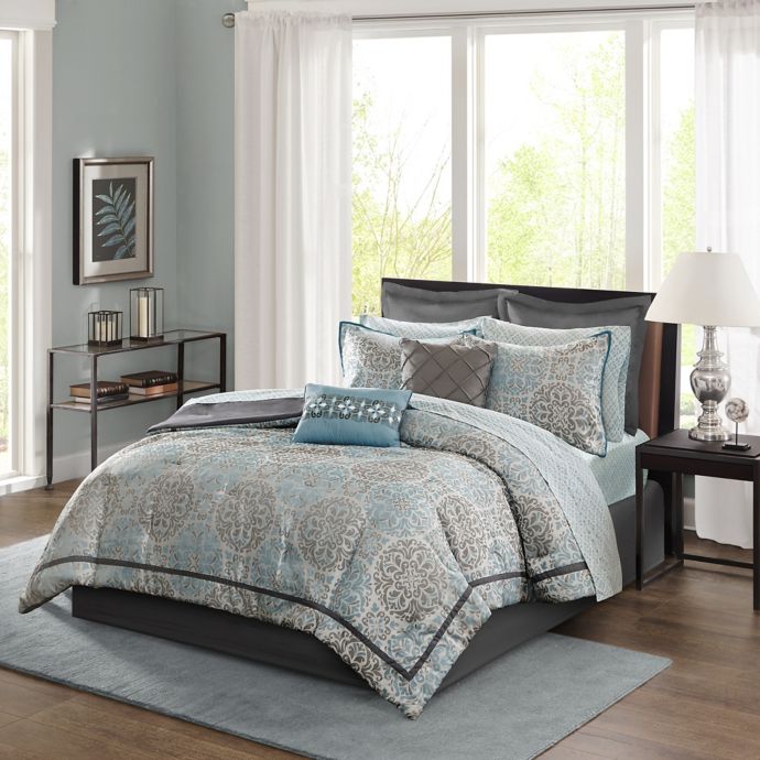 Madison Park Sharlotta 12-Piece Comforter Set in Blue | Bed Bath & Beyond