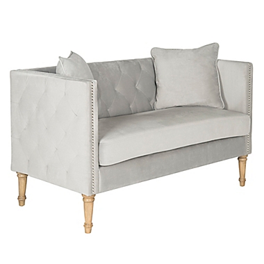 Safavieh Sarah Tufted Settee with Pillows in Grey. View a larger version of this product image.