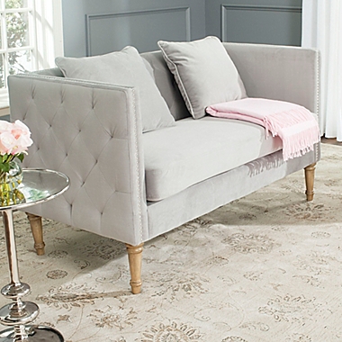 Safavieh Sarah Tufted Settee with Pillows in Grey. View a larger version of this product image.