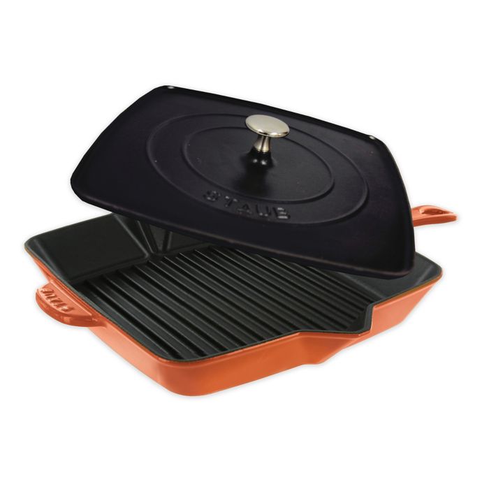 Staub 12 Inch Cast Iron Enameled Square Grill Pan And Press Set In Burnt Orange Bed Bath And 