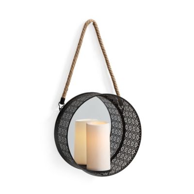 Round Mirror Pillar Candle Sconce With, Danya B Round Mirror With Hanging Rope In Gold