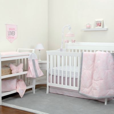 pink and gray crib set