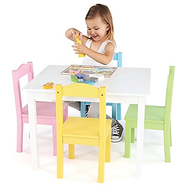 Tot Tutors 5-Piece Wooden Table and Chairs Set in White/Pastel. View a larger version of this product image.