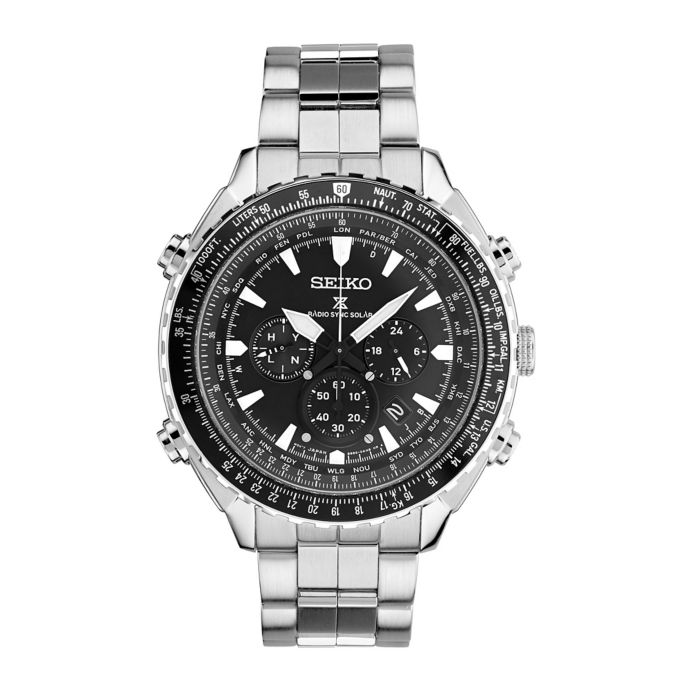 seiko men's radio sync solar chronograph silvertone with black dial