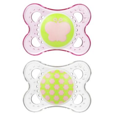 MAM Clear 0-6M 2-Pack Pacifiers in Pink/Green. View a larger version of this product image.