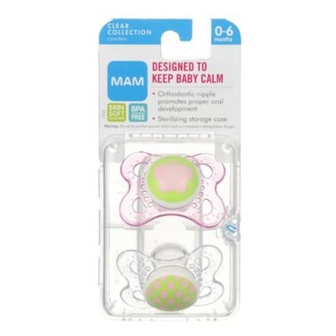 MAM Clear 0-6M 2-Pack Pacifiers in Pink/Green. View a larger version of this product image.