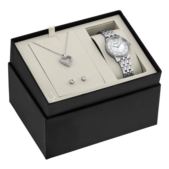 Bulova Crystals Ladies' 30mm Mother of Pearl Watch Box Set in Stainless ...