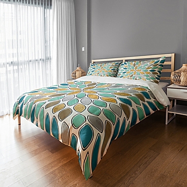 Petals Queen Duvet Cover in Blue/Teal/Gold. View a larger version of this product image.