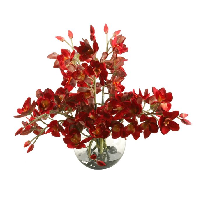 D&W Silks Cherry Red Real Touch Cymbidium Orchids in Glass Bubble Bowl ...