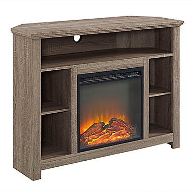 Forest Gate 44" Rustic Wood Corner Fireplace TV Stand in Driftwood. View a larger version of this product image.
