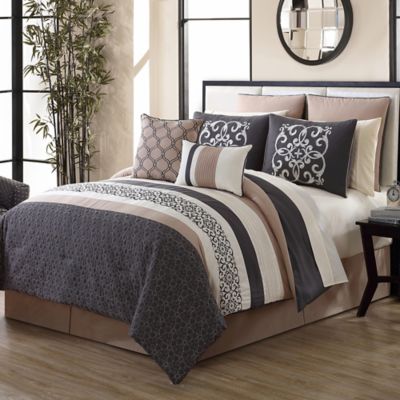 gray and tan bedding