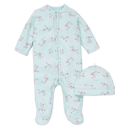 Alternate image 1 for Little Me® Preemie 2-Piece Aqua Flower Footie and Hat Set in Pink