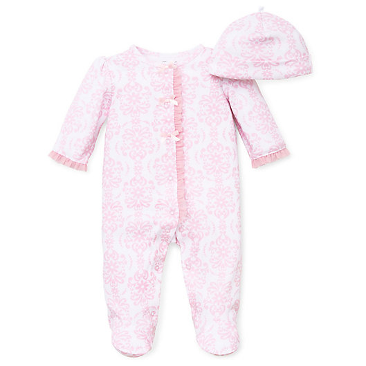 Alternate image 1 for Little Me® Preemie 2-Piece Damask Scroll Footie and Hat Set in Pink