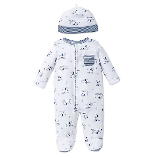 Alternate image 1 for Little Me® Preemie 2-Piece Puppy Toile Footie and Hat Set in White/Blue