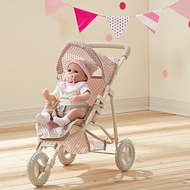 Olivia&#39;s Little World Polka Dots Princess Baby Doll Jogging Stroller in Pink/Grey. View a larger version of this product image.