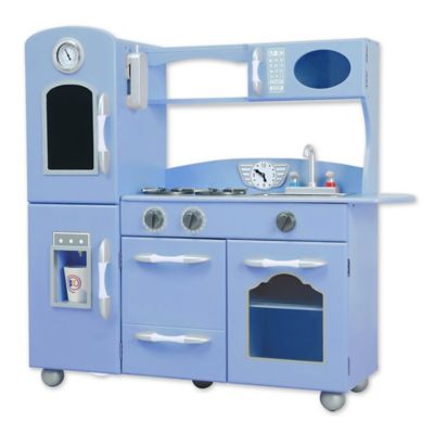 blue wooden play kitchen