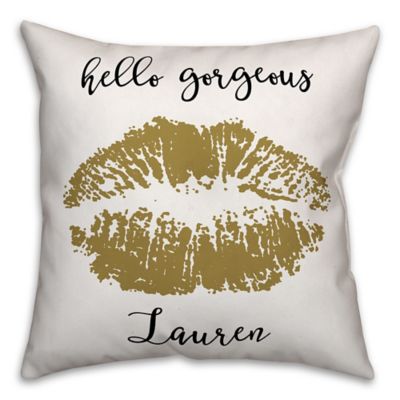"Hello Gorgeous" Gold Lips Square Throw Pillow in Black/Gold