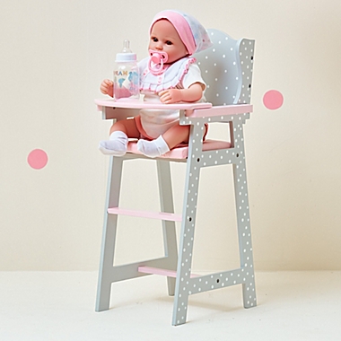 Olivia&#39;s Little World Polka Dot 18-Inch Baby Doll High Chair in Pink/Grey. View a larger version of this product image.