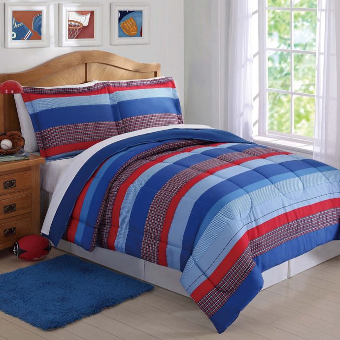red and blue striped comforter