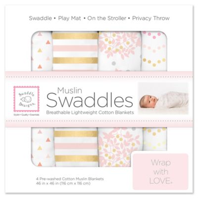 SwaddleDesigns&reg; 4-Pack Heavenly Floral Muslin Swaddles in White/Pink