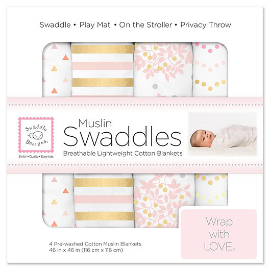 Alternate image 1 for SwaddleDesigns® 4-Pack Heavenly Floral Muslin Swaddles in White/Pink
