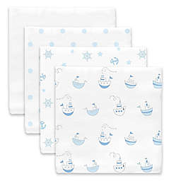 SwaddleDesigns® Little Ships Muslin Swaddle Blanket in White/Blue (Set of 4)