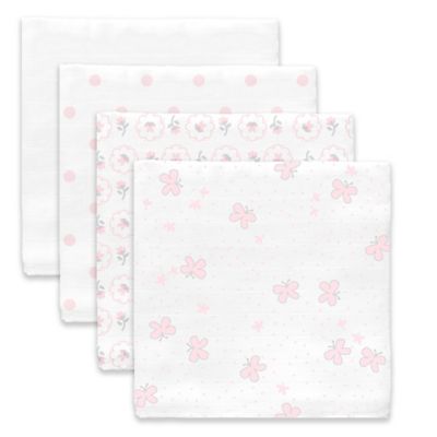 SwaddleDesigns&reg; Butterflies Muslin Swaddle Blanket in White/Pink (Set of 4)