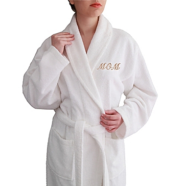 Linum Home Textiles "Mom" Terry Bathrobe in White/Gold. View a larger version of this product image.