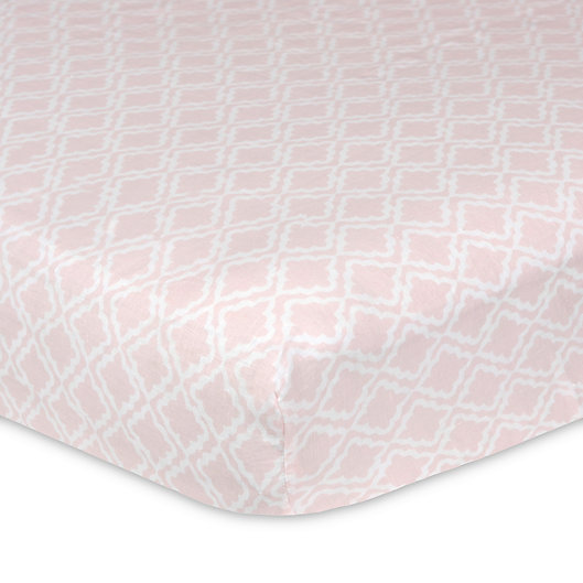 Alternate image 1 for Just Born® Keepsake Washed Linen Trellis Printed Crib Sheet in Pink