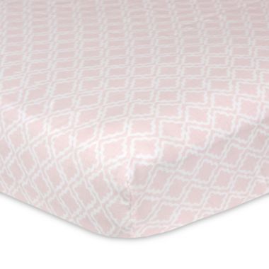 Just Born&reg; Keepsake Washed Linen Trellis Printed Crib Sheet in Pink. View a larger version of this product image.
