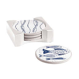 Cypress Home Crackle Fish Coasters with Caddy in Blue (Set of 4)