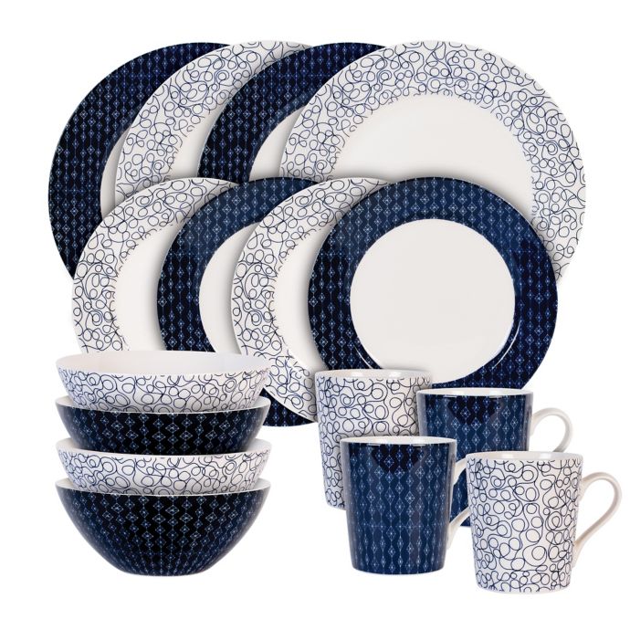 Maxwell & Williams™ Print Indigo Free/Diamond 16Piece Dinnerware Set in Indigo/White Bed Bath