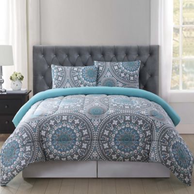 grey and blue comforter